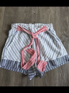 High-Waist Striped Paperbag Shorts with Coral Tie